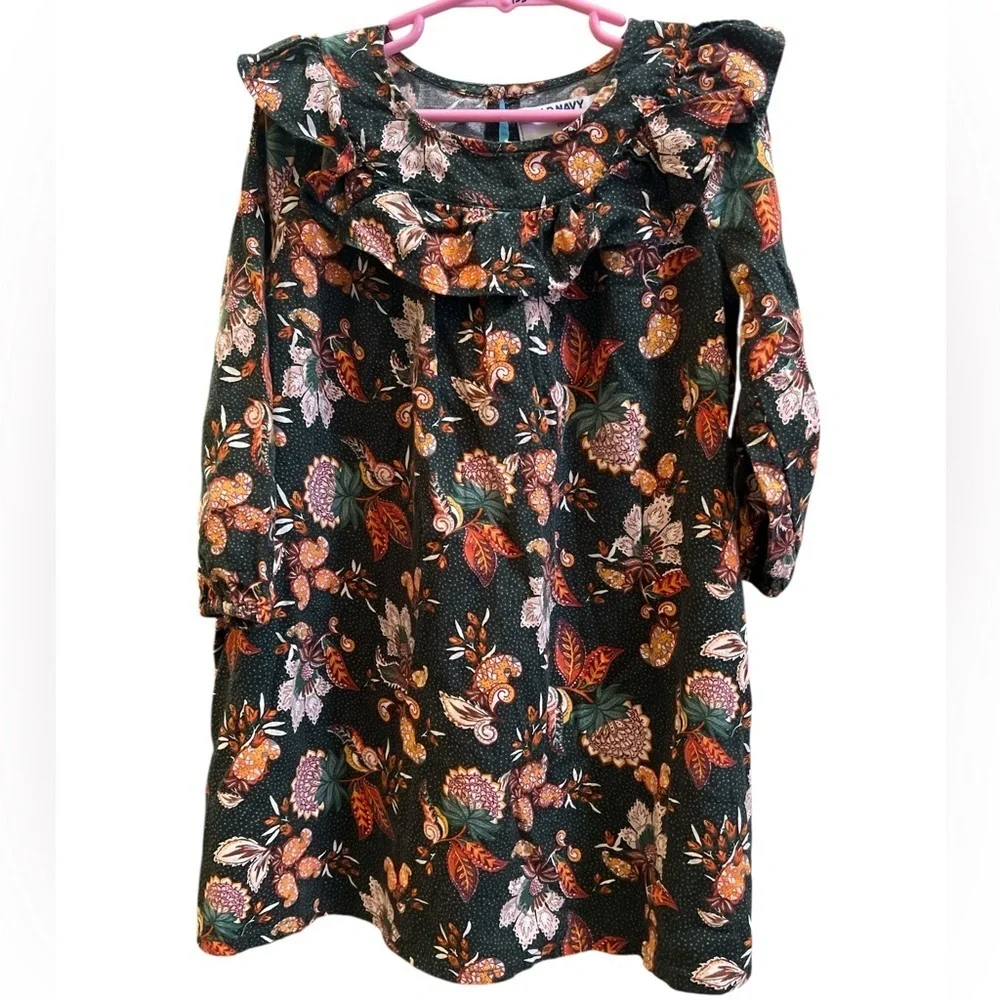 Old Navy ruffle trim Kids Dress with Floral Print in Dark Green